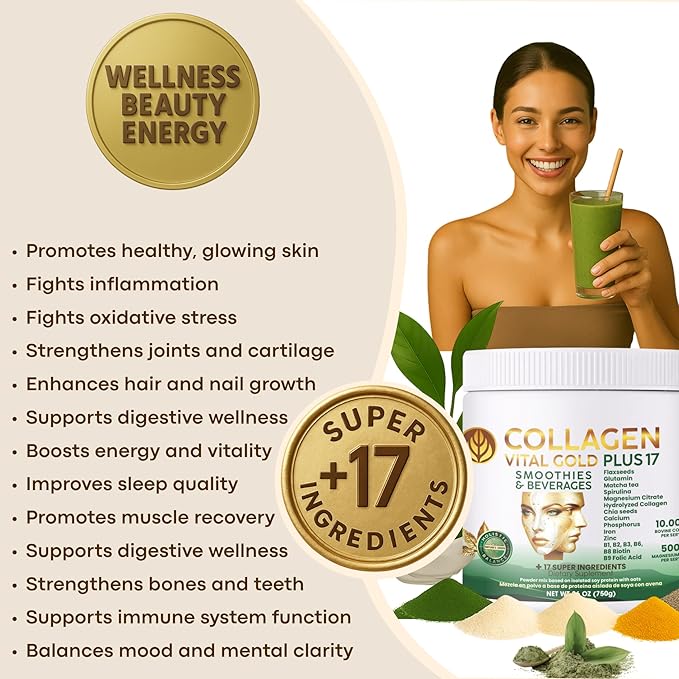 Vital Life Collagen Peptides Powder - Hydrolyzed Collagen with +17 Super Ingredients 1.6 lb Mint &amp Lemon Flavor Supplement for Healthy Hair Skin Nails Bones Joints Collagen for Women &amp