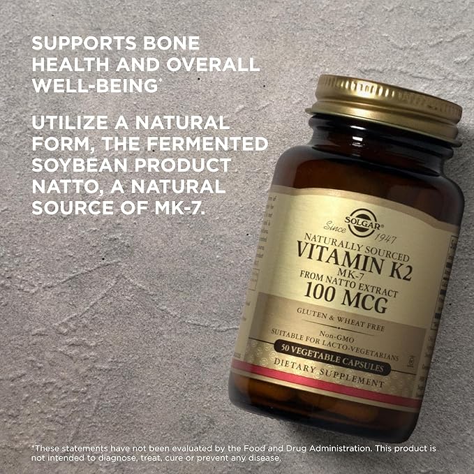 Solgar Naturally Sourced Vitamin K2 (MK-7) 100 mcg - 50 Vegetable Capsules Pack of 2 - Supports Bone Health - Whole Food Source from Natto Extract - Non-GMO Gluten Free - 100 Total Servings