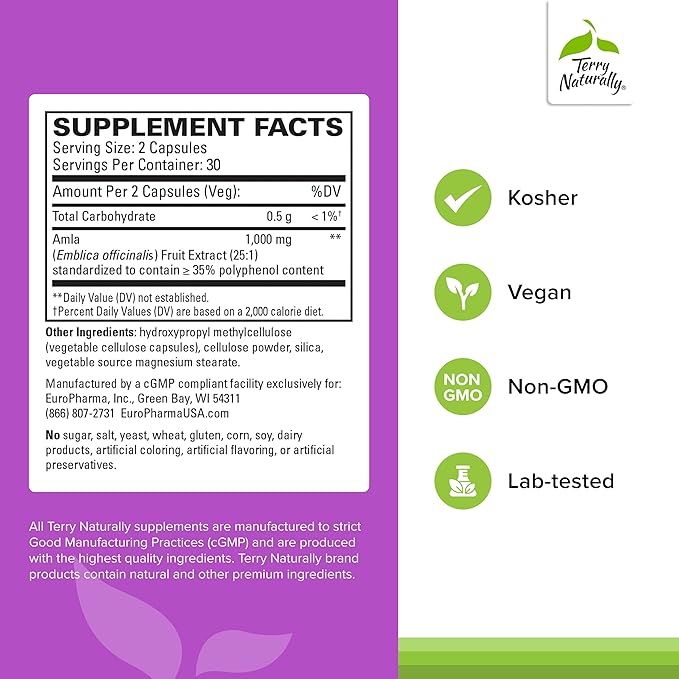 Terry Naturally Healthy Cholesterol with Amla - Antioxidant Supplement for Immune &amp Heart Support - Supplement to Aid Healthy Cholesterol &amp Triglyceride - 60 Capsules