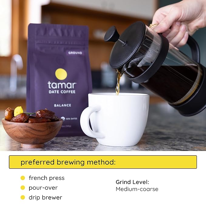 Balance by Tamar Date Coffee | Organic Ground Blend of Coffee &amp Whole Dates | Low Acid | Less Caffeine | Healthy Sweetness | Boost of Energy | Medium Roast | 12oz bag