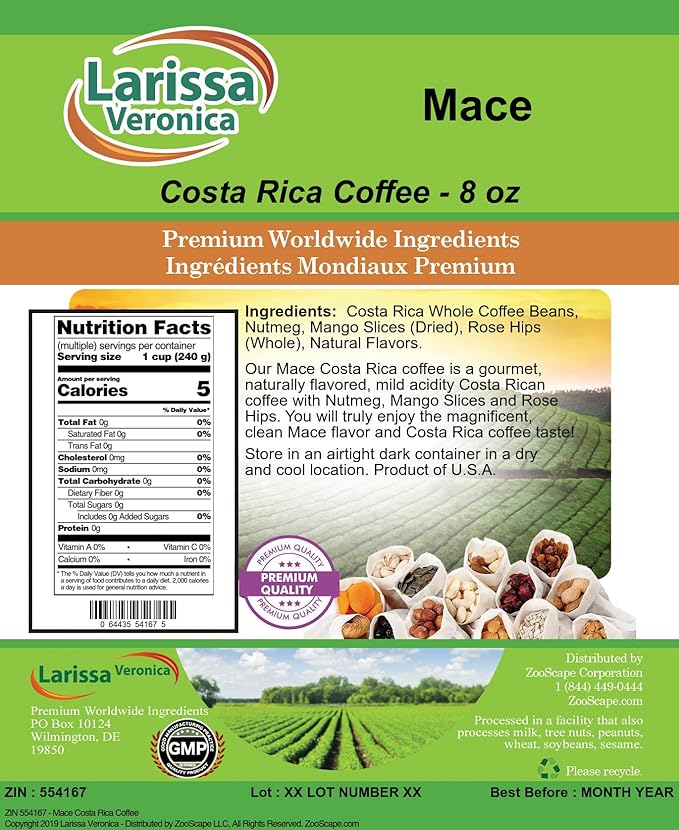 Mace Costa Rica Coffee (Gourmet Naturally Flavored Whole Coffee Beans) (8 oz ZIN: 554167)