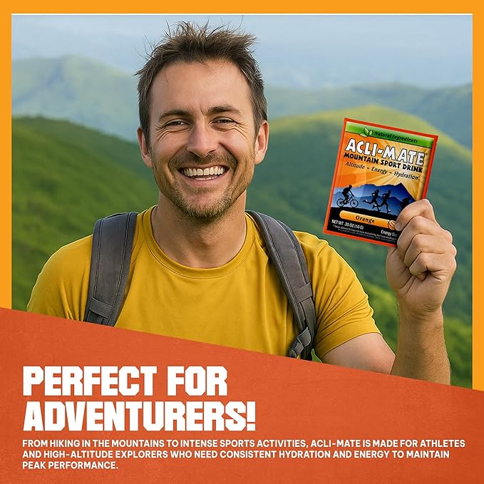 Acli-Mate Mountain Sport Drink Mix - High Altitude Acclimatization Electrolyte Powder Packets - Energy Drink Mix - Recovery Hydration Packet for Running Hiking Cycling Travel &amp More (30 CT Ora