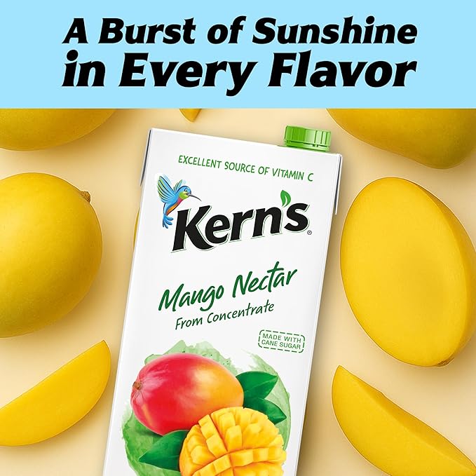Kern’s Mango Juice Nectar - Mango Nectar Made with Fresh Fruit Puree - Tropical Fruit Juice Concentrate for Smoothie Mix Cocktail Mixers &amp Kids Drinks &amp Beverages - 64oz 8 Pack Carton