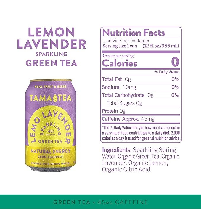Unsweetened Sparkling Green Tea by Tama Tea - Organic Lemo Lavender Iced Green Tea Zero Calories &amp Zero Carbs | 45mg Caffeine No Artificial Ingredients 12 oz (12-Pack)