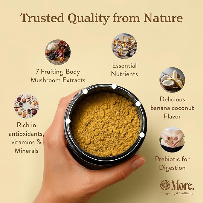 More. Longevity &amp Wellbeing Premium Mushroom Supplement Superfood with Natural Caffeine – 7 Functional Mushrooms Extracts with Lion’s Mane Supplement Reishi Chaga &amp Ashwagandha Extract for E