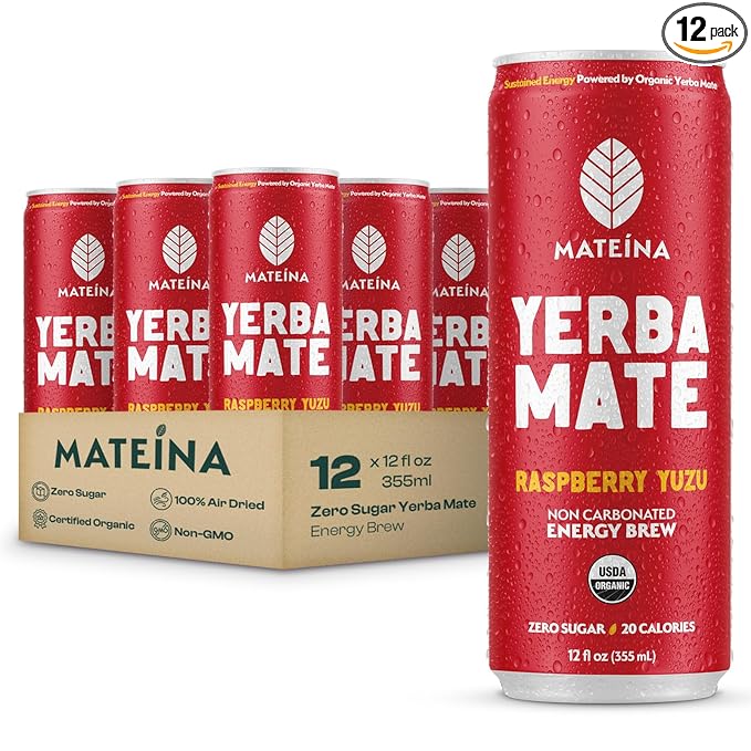 Mateina Yerba Mate Zero Sugar Energy Drink – 120mg Natural Caffeine – Organic Non-GMO Non-Carbonated – Dr. Andrew Huberman Recommended – (12 fl oz Cans 12 Pack) Raspberry Yuzu