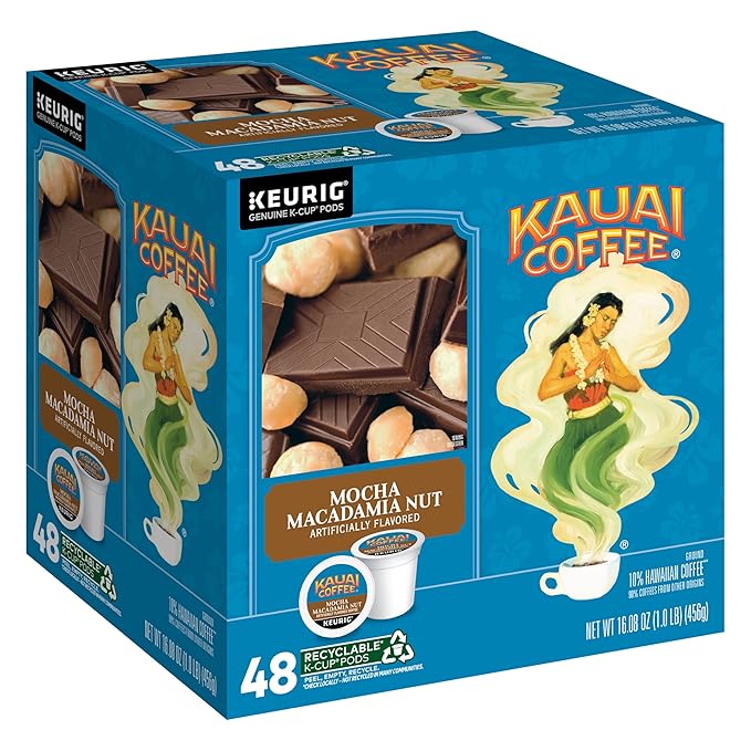 Kauai Coffee K-Cup Pods for Keurig Brewers – Arabica Coffee 10% Hawaiian – Medium Roast Savory and Chocolatey Aroma – Mocha Macadamia Nut 1 Pack of 48 Single Serve K-Cups