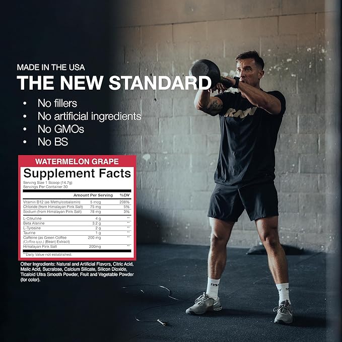 RAW Essential Pre-Workout Powder (Watermelon Grape) - Chris Bumstead Sports Nutrition Supplement for Men &amp Women - Preworkout Energy Powder with Caffeine L-Citrulline L-Tyrosine &amp Beta Alani