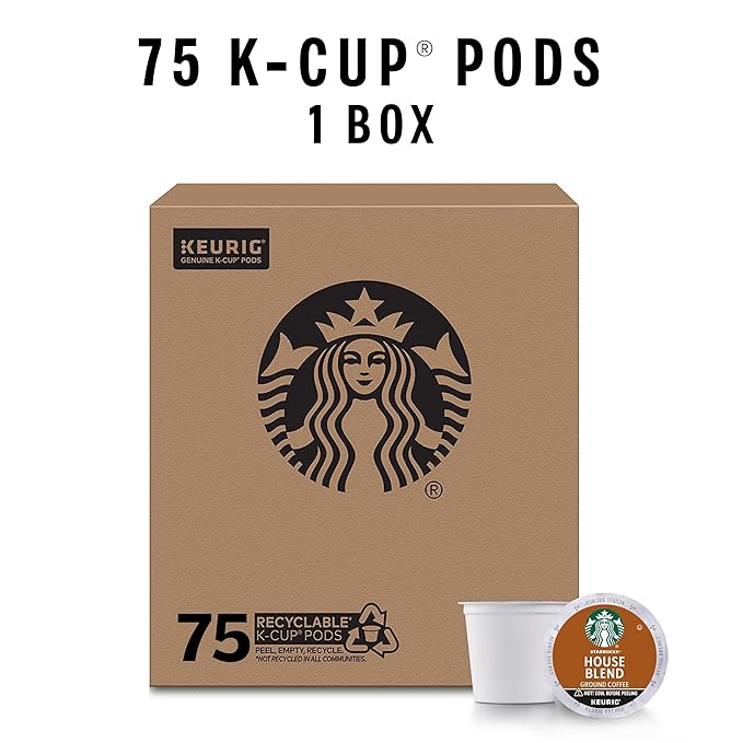 Starbucks K-Cup Coffee Pods Medium Roast House Blend for Keurig Coffee Makers 100% Arabica 1 Box (75 Pods)