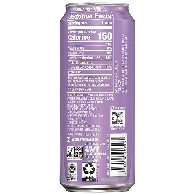 Yachak Yerba Mate Drink Blackberry 16 Fl Oz Cans Pack of 12
