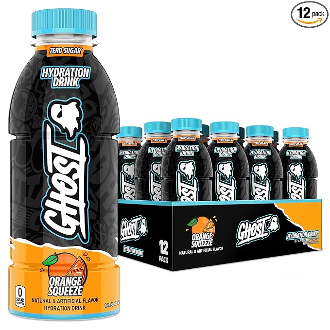 GHOST Hydration Drink Orange Squeeze - RTD Sports Drink with Electrolytes Natural Vitamins &amp Minerals - All Day Lifestyle Hydration Beverage - Zero Caffeine &amp Zero Sugars - 16.9 Fl Oz 12 Pa