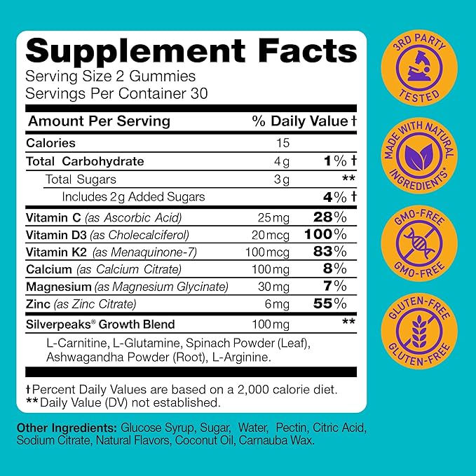 Height Growth Gummies for Kids - Growth Vitamins for Teens Height Increase Multivitamin for Boys &amp Girls with Calcium Vitamin D C K2 Magnesium Zinc Natural Height Growth Maximizer Supplement 60