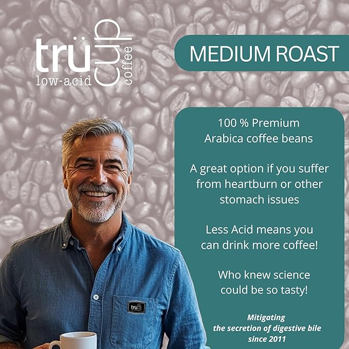 trücup Low Acid Coffee Pods | Medium Roast | 48 Count Recyclable K-Cups Compatible with most brewers | Smooth Stomach-Friendly Coffee