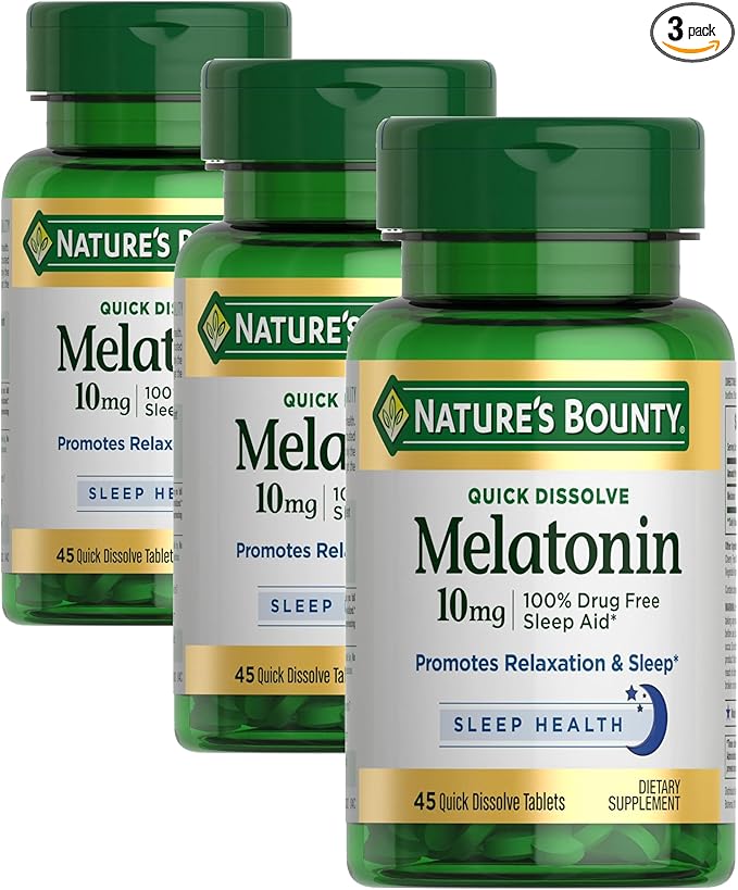 Nature's Bounty Melatonin 100% Drug Free Sleep Aid Dietary Supplement Promotes Relaxation and Sleep Health 10mg 45 Quick Dissolve Tablets (Pack of 3)