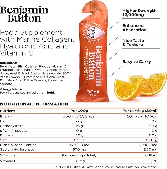 12000mg Marine Collagen Liquid Shots| High Strength Hydrolyzed Marine Collagen Peptides w/Hyaluronic Acid &amp Vitamin C for Skin Hair &amp Joints | Orange 14 Daily Servings 30ml