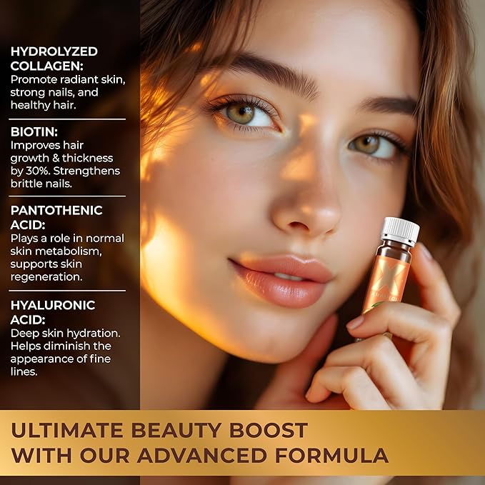 Liquid Collagen Peptides with Biotin &amp Hyaluronic Acid - 3000mg Hydrolyzed Collagen Type 1 and 3 Biotin 10000mcg Vitamins B5 B6 C &amp E - Liquid Collagen Shots for Women and Men