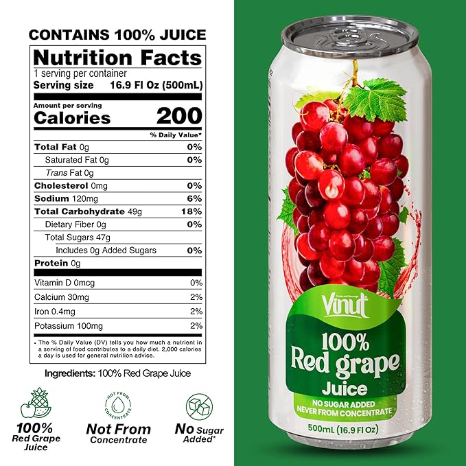 VINUT 100% Red Grape Juice No Added Sugar Not From Concentrate 16.9 fl oz (500 mL) Can Pack of 12