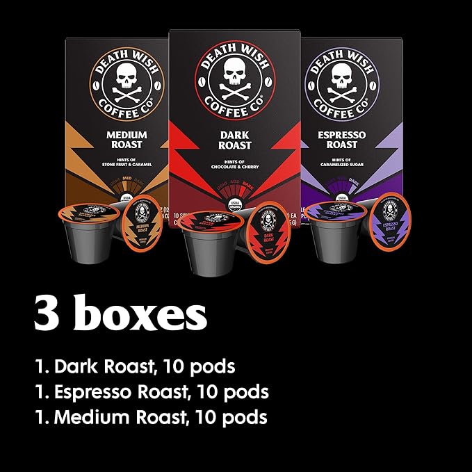 Death Wish Coffee Single Serve Coffee - 10 Each of Medium Dark and Espresso Roast - Mixed Roast Variety Pack (Pack of 2)