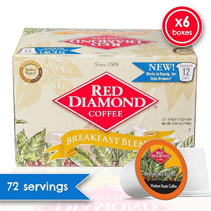Red Diamond Coffee Cups Breakfast Blend Medium Roast Single Serve Coffee Cups Compatible with Most Brewers 6 Boxes of 12 Pods (72 Servings)