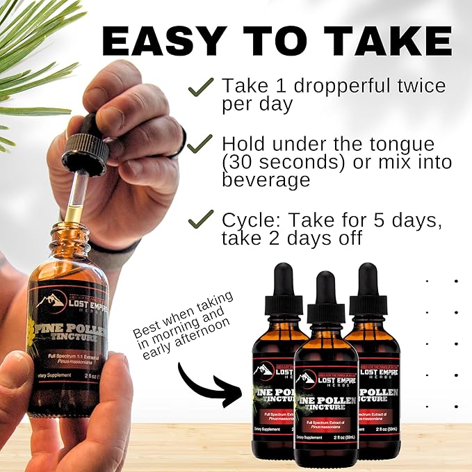 Lost Empire Herbs Pine Pollen Tincture Pine Pollen Liquid Extract for Testosterone - Alcohol Tincture is Superior for Better Absorption 3rd Party Lab Tested (2 Ounce)