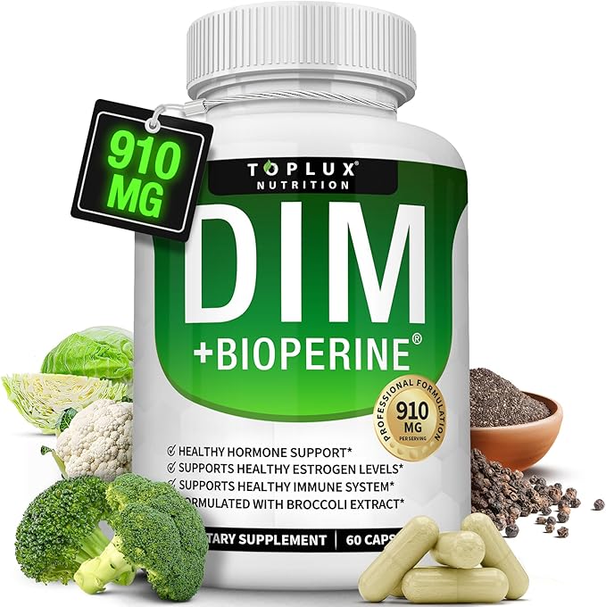 Dim Supplement 910 mg Plus BioPerine Complex - Diindolylmethane to Support Hormone Balance and Estrogen Metabolism Helps with Menopause Acne PCOS Better Skin Bodybuilding for Men Women 60 Capsules