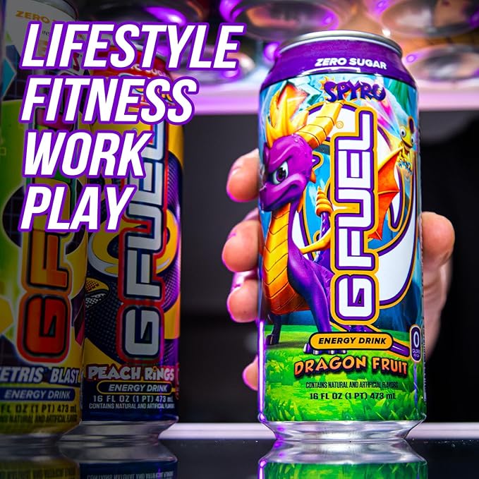 G Fuel Energy Drink Dragon Fruit Sugar Free Beverage with 140mg Caffeine Daily Energy Boost with Focus Amino Vitamin + Antioxidants 16 oz Cans (Spyro the Dragon 12-Pack)