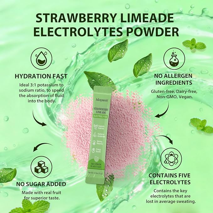 Strawberry Limeade Electrolytes Powder Packets Instantly Hydration Drink Mix Just Whole Food Ingredients Energy Boost Exercise Recovery Liquid &amp Daily I V Minerals Support 30 PCS No Sugar Add