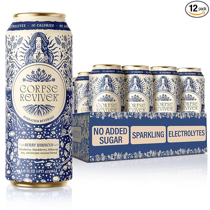 Corpse Reviver: Electrolyte Hydration Drink | Organic Non-Alcoholic 175mg Magnesium 325mg Potassium 75mg L-Theanine 20mg Zinc 20mg Sodium (Canned Flavored Sparkling Water) Berry Hibiscus 12-Pac