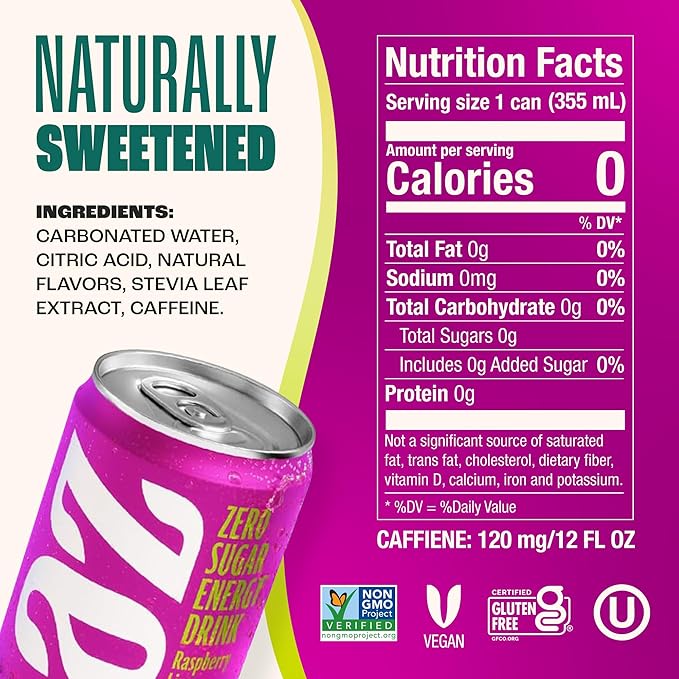 Zevia Zero Sugar Energy Drink Raspberry Lime 12 oz Cans (12-Pack) – Naturally Sweetened Zero Calorie Sugar Free Energy - Non-GMO Project Verified Gluten-Free Vegan
