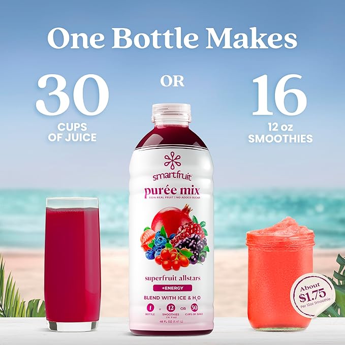Smartfruit Superfruit All-Stars + Energy – 100% Real Fruit Purée with Blueberry Pomegranate Acai &amp Goji Berries – Great for Smoothies Juice Yogurt Cocktails Teas &amp More – 2-Pk 48oz Each