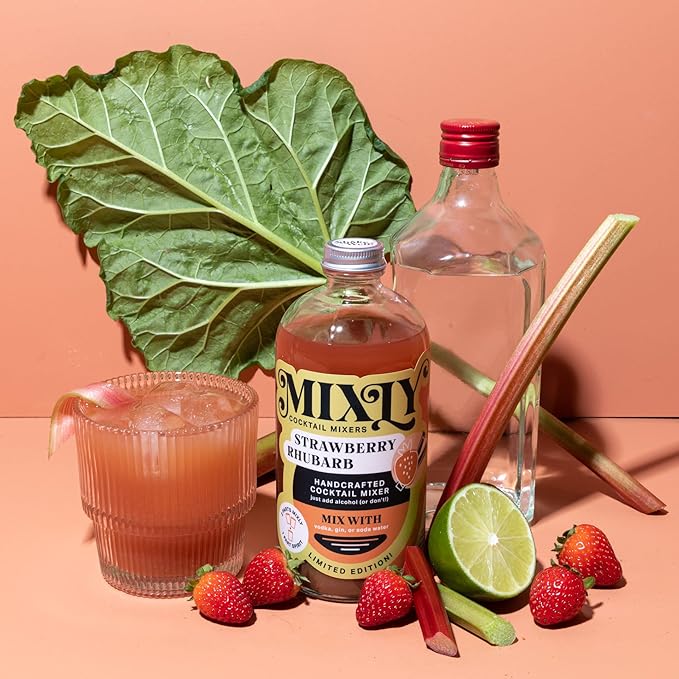 Mixly Strawberry Rhubarb Mixer Made with Fresh Squeezed Juice Ready to Drink Use with Vodka Gin Soda Water 16 oz.