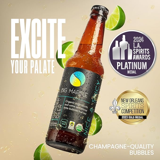 Big Marble Organic Ginger Beer Premium Non-Alcoholic Real Ginger Fair Trade Certified No Artificial Sweeteners/Colors for Cocktails &amp Mocktails - 12 Pack 355ml (12 Fl Oz) Bottles