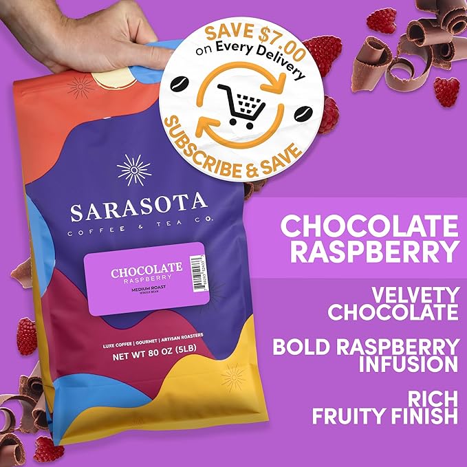 Sarasota Coffee Whole Bean Chocolate Raspberry | Medium Roast Gourmet Flavored Coffee Beans | Low Acid Mold Free Specialty Grade Bulk Coffee Beans | 5lb (80 oz)