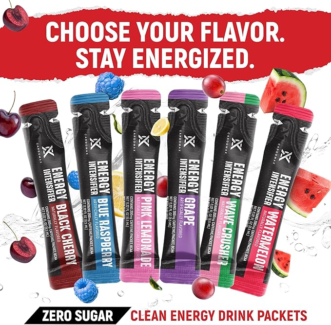 CardoMax - Energy Drink Packets - Liquid Preworkout for Men &amp Women Caffeine Packets with BCAA Vitamin B12 Vitamin B6 &amp B3 - Sugar-Free Zero Calorie Vegan &amp Keto - 15 Stick Packs - Gra