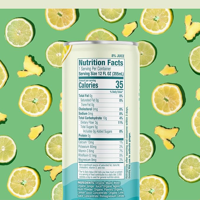 Recoup Organic Sparkling Prebiotic Drink - Ginger with Electrolytes for Gut Health Support &amp Hydration No Added Sugar ((Pack of 12) Lemon Lime + Ginger)