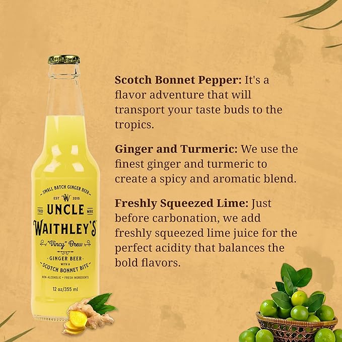 Uncle Waithley's Ginger Beer with Scotch Bonnet Pepper Mocktails Non-Alcoholic Drinks Ginger Beer Soft Drink Healthy Refreshing Non-Alcoholic Drinks and Beverages (12 Pack 355ml Each)