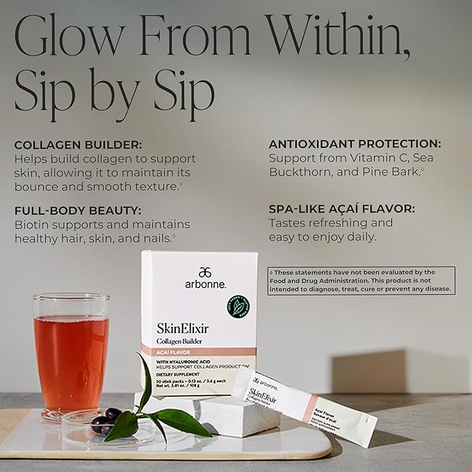 Arbonne SkinElixir Collagen Powder Builder - Açaí-Flavored Vegan Supplement for Women with Hyaluronic Acid Vitamin C Biotin &amp Antioxidants - Supports Healthy Skin Hair &amp Nails - 30 Stick Pa
