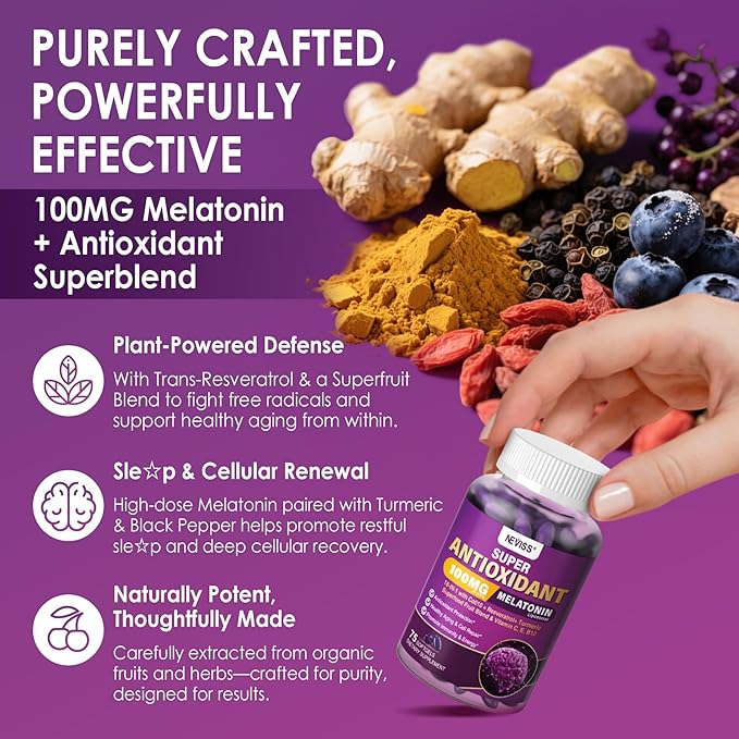Melatonin 100mg for Antioxidant &amp Cognitive Health Ultra High Dose Melatonin with CoQ10 Turmeric Trans-Resveratrol Vitamin B12 C E for Brain Anti-Aging Cellular Repair and Energy 150 Softgel