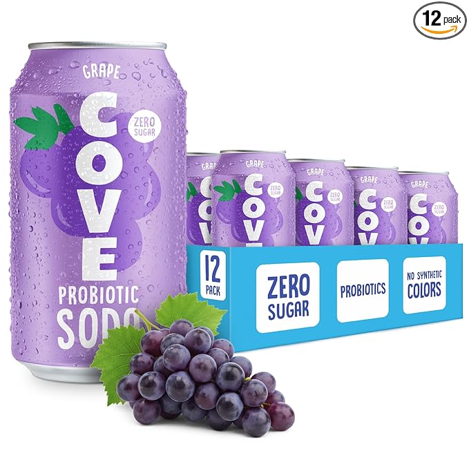 Cove Probiotic Soda Zero Sugar Better-For-You Alternative - Refreshing Delicious Probiotic Drink No Synthetic Colors &amp Caffeine Free - Grape 12 Pack