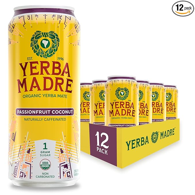 Yerba Madre Organic Yerba Mate Energy Drink Alternative Passionfruit Coconut 150mg Plant Based Caffeine Smooth Energy &amp Focus No Jitters or Crash 15.5oz Cans (Pack of 12)