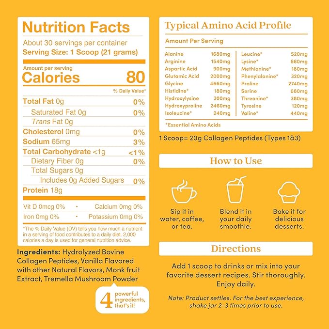 Further Food Vanilla Collagen Peptides Powder with Tremella Mushroom – 100% Grass-Fed Hydrolyzed Type 1 &amp 3 20g of Collagen per Serving Supports Skin Hair Nails &amp Joints 22.22 Oz