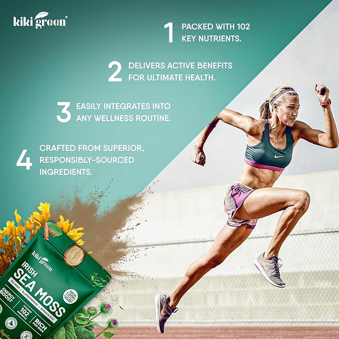 KIKI Green Irish Sea Moss Powder 8 Oz - with Bladderwrack Burdock Root Extract for Immune Support - Keto Vegan Supplement