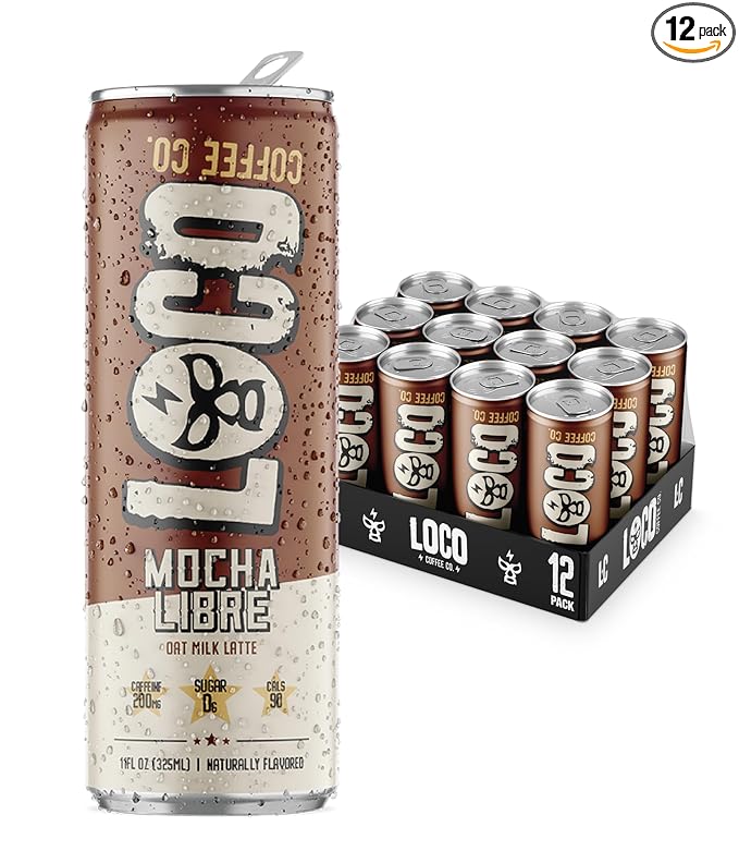 Loco Coffee Mocha Latte 11 Ounce Can 12 Count | Zero Sugar 200mg Caffeine | Gluten Free and Dairy Free | Low Calorie Iced Coffee