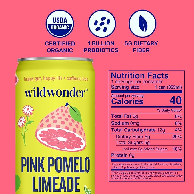 Wildwonder Sparkling Probiotic Drink Pink Pomelo Limeade Gluten Free Vegan Canned Soda with 5g of Prebiotic Fiber for Digestive &amp Immune Support Low Sugar Caffeine Free 12 FL OZ Cans 12 Pa