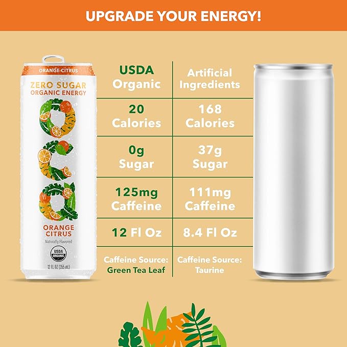 OCA ZERO Orange Citrus Organic energy drink zero sugar gluten-free vegan plant-based 12 Fl Oz (12-pack)