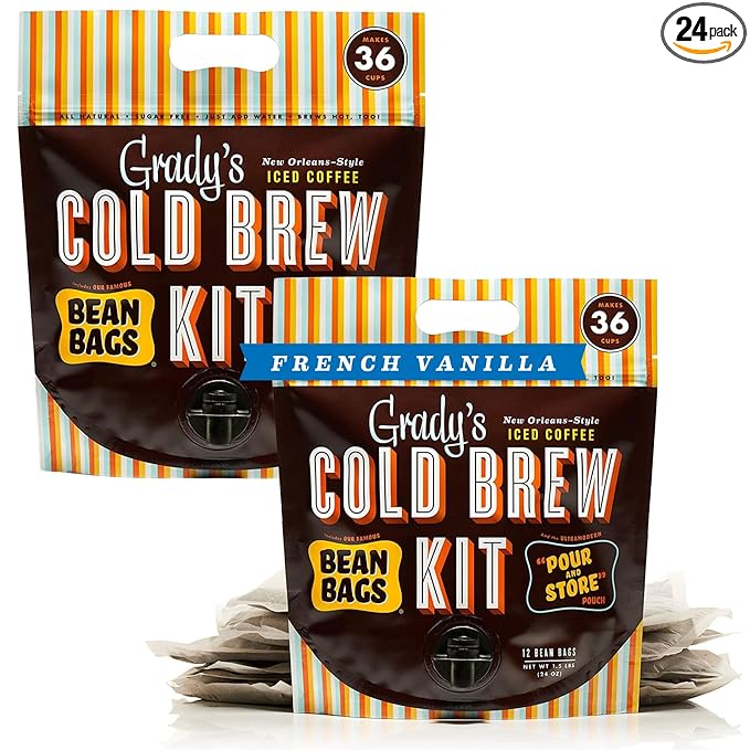 GRADY’S COLD BREW New Orleans Style &amp French Vanilla Bundle 100% Arabica Ground Coffee &amp Chicory Pouches 2 All-in-One Cold Brew Kits each with 12 Easy-to-Brew Beans Bags Make 72 drinks