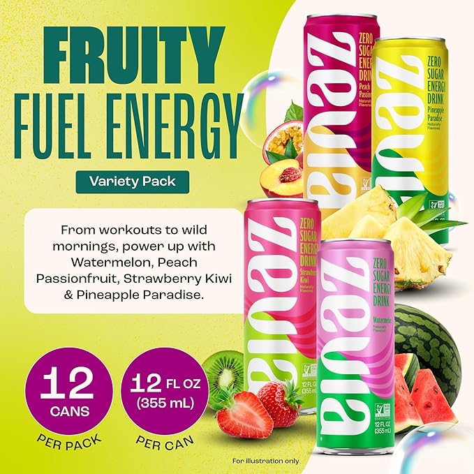 Zevia Zero Sugar Energy Drink Fruity Fuel Variety Pack 12 oz Cans (12-Pack) – Naturally Sweetened Non-GMO Project Verified Gluten-Free Vegan