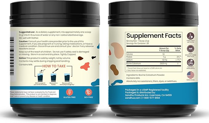 Sandhu's Grass Fed Bovine Colostrum Powder for Humans Adults | 30 Servings (Pack of 1) Cows Supplement | High IgG for Gut Health | Immunity &amp Muscle Recovery Support | Unflavored | for Men &amp
