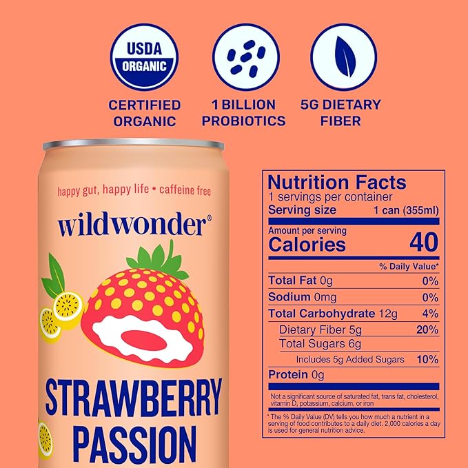wildwonder Sparkling Probiotic Drink 12pk For Gut Health &amp Immune Support Strawberry Passion 5g Prebiotic Fiber Live Probiotics Organic Vegan Low Sugar 12 Pack 12oz Can As Seen on Shark