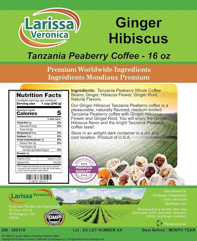 Ginger Hibiscus Tanzania Peaberry Coffee (Gourmet Naturally Flavored Whole Coffee Beans) (16 oz ZIN: 568318)